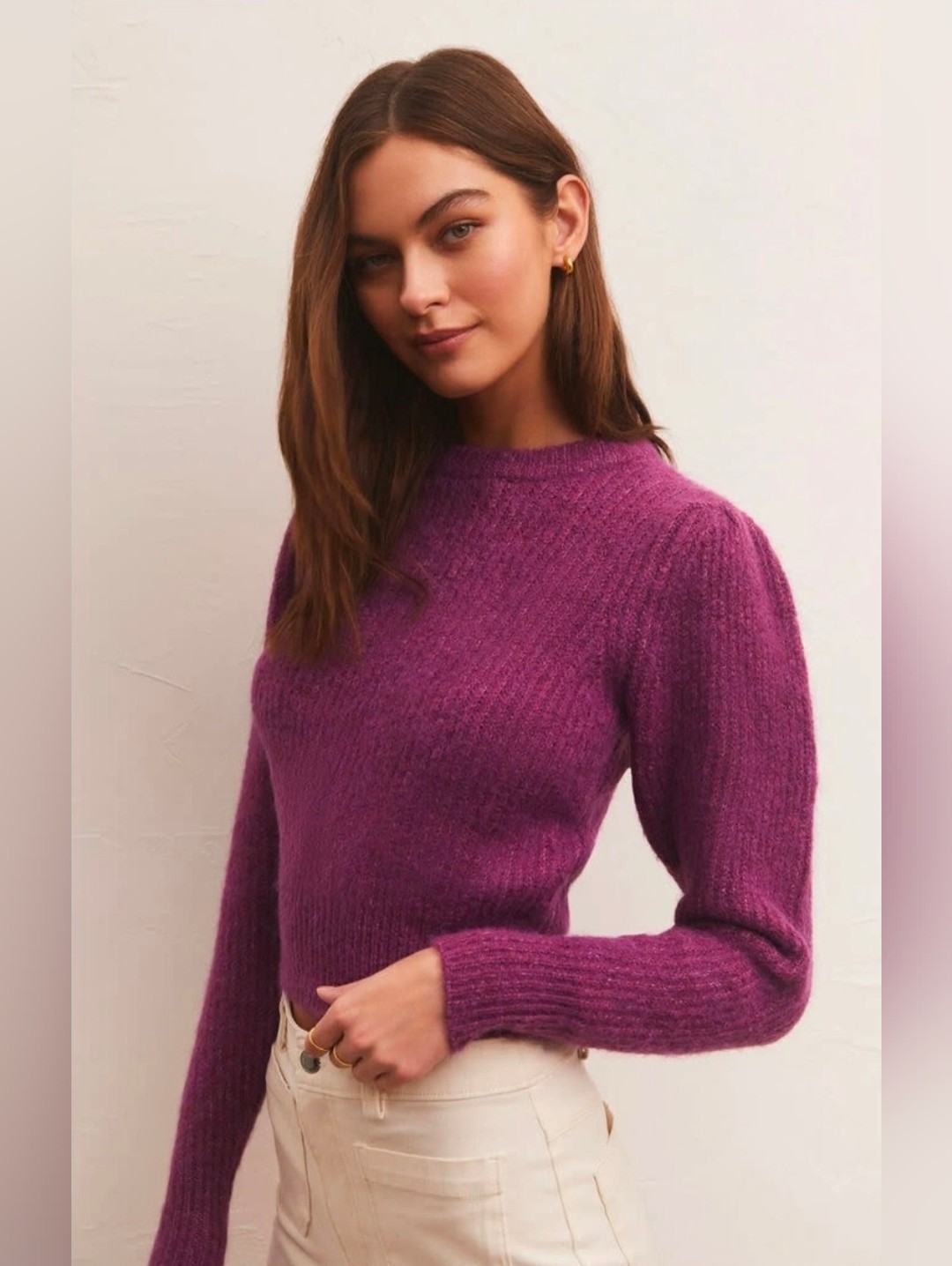Z Supply Vesta Sweater Magenta Puff Sleeve Crewneck Xs Romantic Boho Pullover